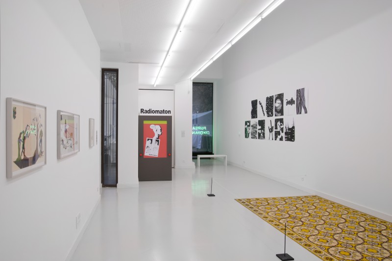 Vue de l'exposition "Singularités partagées". Au premier plan à droite, "tapis d'épices" : Laurent Mareschal, installation, épices, linoleum, 2011.