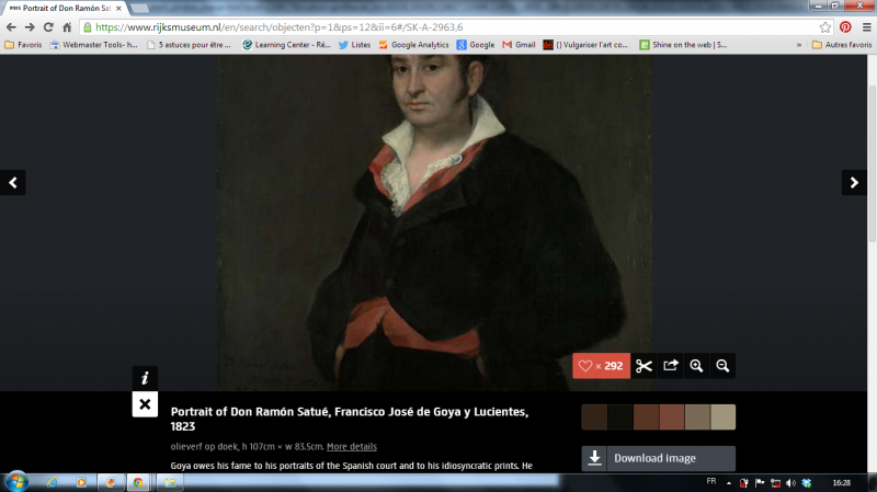 Francisco José de Goya y Lucientes, Portrait of Don Ramon Satué, 1823 - Capture d'écran depuis le site web du Rijksmuseum, à droite la palette de couleurs de l'oeuvre