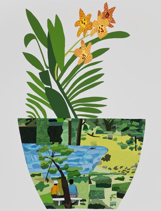 Jonas Wood, Landscape Pot with Yellow Orchid, 2014, oil and acrylic on canvas, 3 × 2.3 m