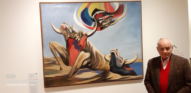 Monsieur Paul Dini devant le tableau de Dimitri Varbanesco, L'oiseau Tonnerre, 1941
