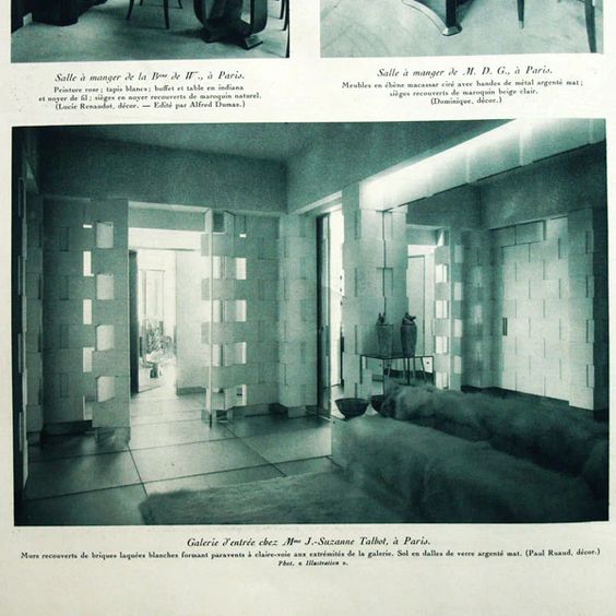 Numéro de l’Illustration du 27 mai 1933 consacré aux Intérieurs Modernes. Plusieurs photographies d'intérieurs sont  consacrées à l'appartement de Suzanne Talbot, meublé par Eileen Gray et Pierre Legrain. Ici, "la Galerie d'Entrée".