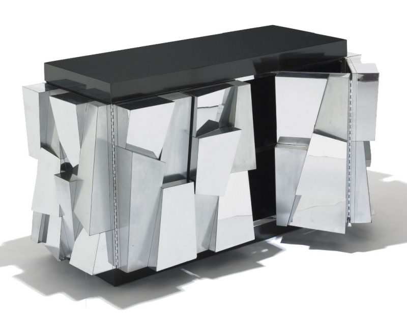 Armoire à facettes, modèle PE-354, design Paul Evans pour Directional USA, 1970. Acier chromé et fibre de verre émaillée.